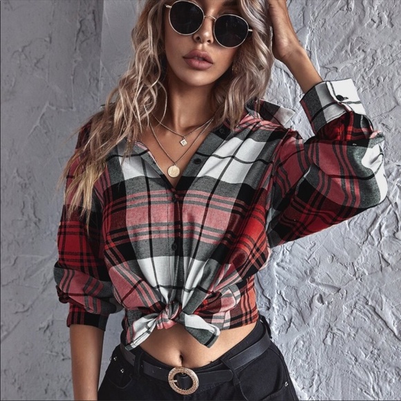 Boho Plaid Front Tie Button Down Long Sleeve Top - Picture 7 of 13